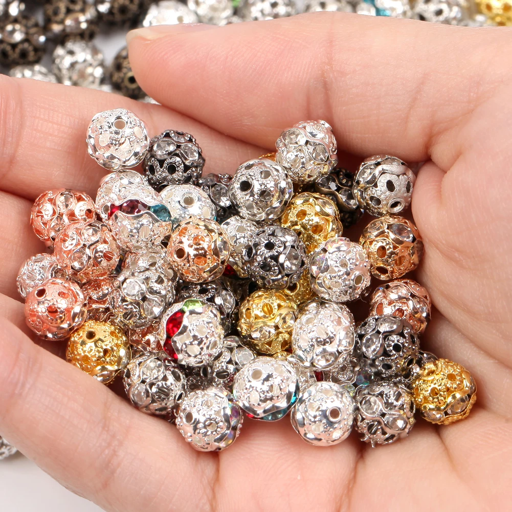 10-50pcs/Lot AB Color Metal Rhinestone Beads Round Loose Beads for Jewelry Making DIY Necklace Bracelet Accessories 6/8/10/12mm