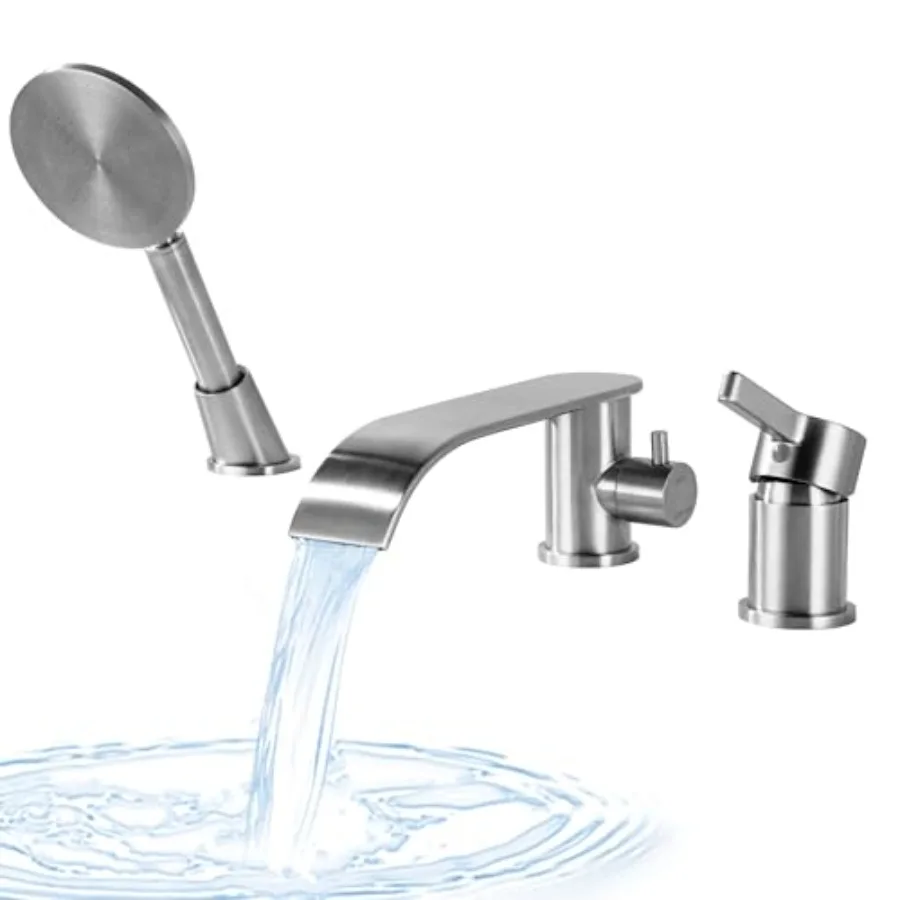 

Roman Tub Faucet with Hand Shower Deck Mount Bathtub Filler Faucet with Sprayer 3 Hole Waterfall Single Handle Tub Filler with