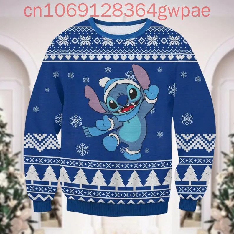 Disney Stitch Christmas Ugly Men and Women Sweater Personalized Stitch Santa Hat Cartoon Xmas Magic Kingdom Merry