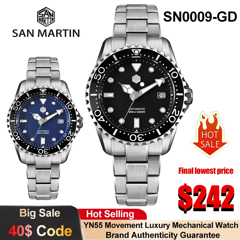 San Martin SN0009 Mechanical Watch YN55 Automatic Movement 300m Waterproof Diver Watch Enamel Dial Classic Sapphire Luxury Watch