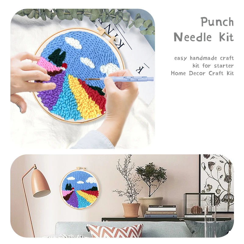 20x20cm Punch Needle Embroidery Starter Kits Rug Hooking Kit for Adults Beginners Handcraft Punch Needle Kits with Embroidery