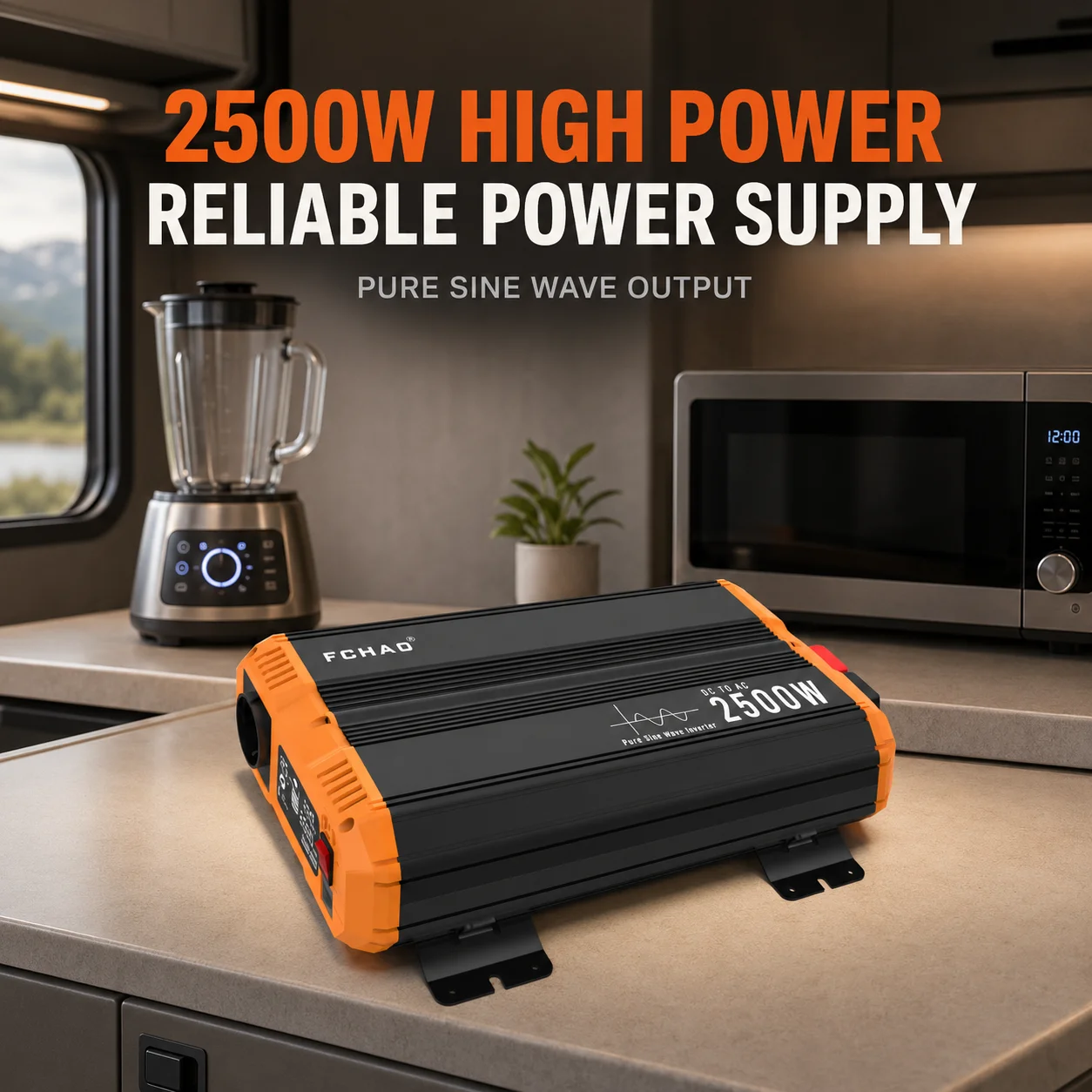 Fchao Pst-2500W-24V – inwerter 2500 W, 24 V, przetwarzający napięcie 24 V na 230 V, generujący czystą fale sinusoidalną, z maksymalną mocą 5000 W, wyposażony w wyświetlacz LCD i pilot do zdalnego