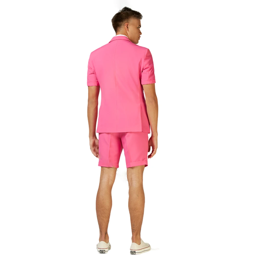 Nieuwe Zomer Roze Heren Pakken Single Breasted En Inkeping Revers Mannelijke Pakken Smart Casual Formele 2 Delige Korte Mouwen Blazer En Korte Broek