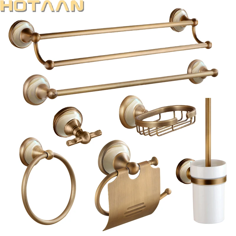 

Antique Brushed Solid Brass Bathroom Accessories Sets European jade base Bathroom Hardware Sets Retro Bathroom Products