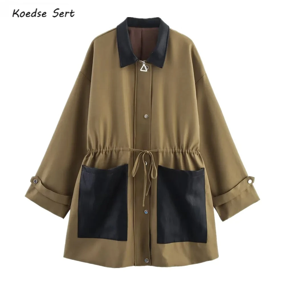 

2025 Autumn Women Armygreen Spliced Faux Leather Lapel Safari Coat Front 2 Pockets Bow Waist Zipper Midi Jacket Loose Outerwear