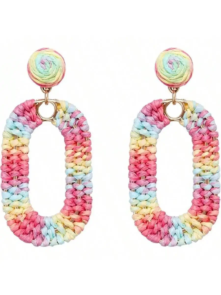 

Boho Woven Raffia Oval Earrings For Women Summer Beach Tropical Vacation