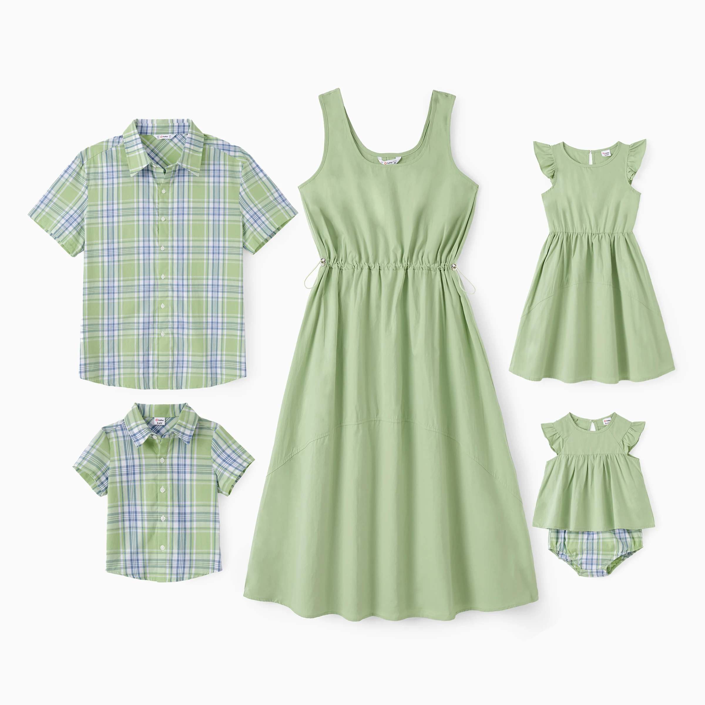 PatPat Family Matching Sets Green Plaid Shirt or Scoop Neck Sleeveless Elastic Waist A-Line Dress