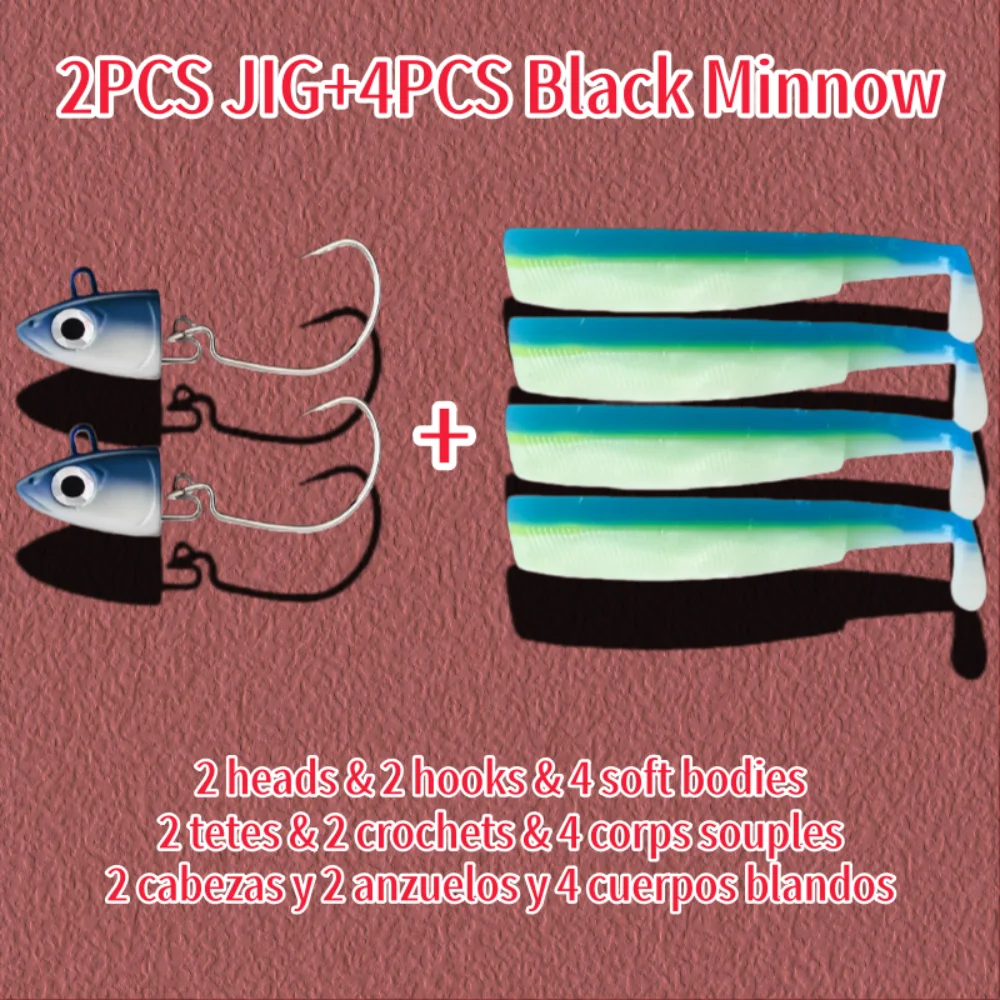 2026 4PCS Fiiish Black Minnow 70mm/90mm/110mm Soft Fishing Lure 5g 10g 15g 25g 40g 2PCS Jig Head Bait Artificial Combination Set