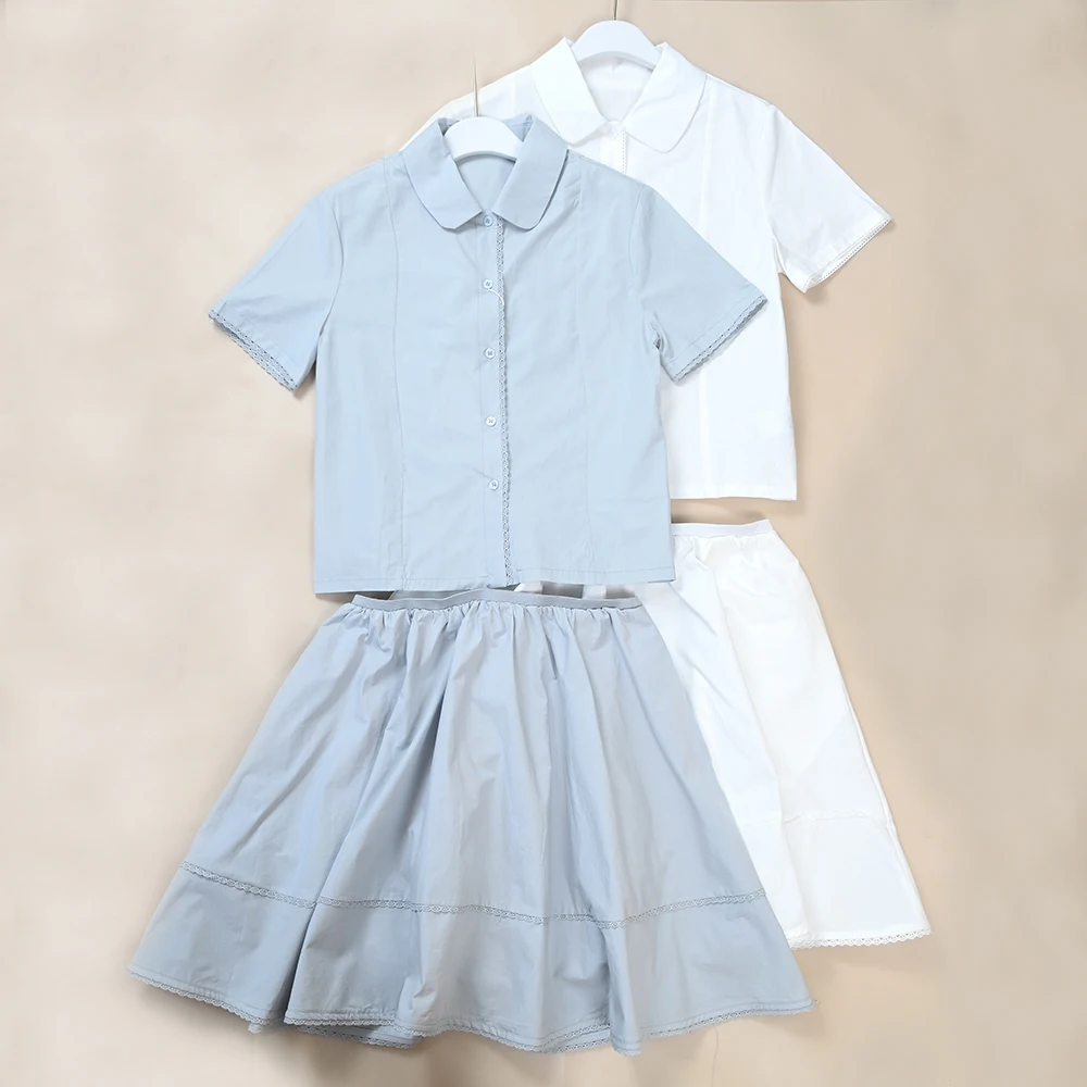 Conjunto de Verano para Mujer, Camisa de Manga Corta con Encaje y Falda en Línea A con Cintura Elástica, Ropa Casual a l...