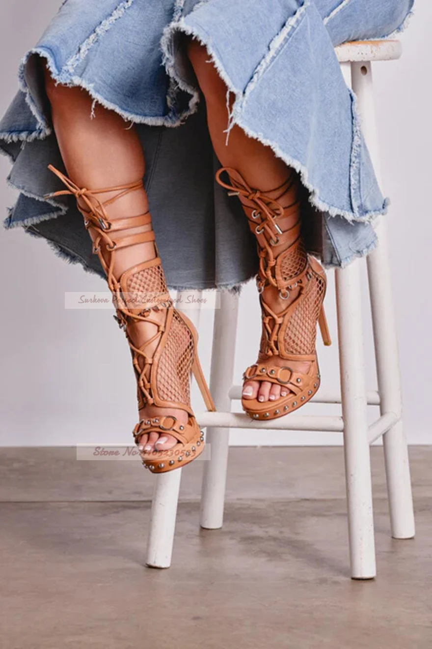 Brown Matte Network Lace-Up Sandals Stiletto Heels Platform Metal Studded Sandal Boots Hollow Out Caged Dress Shoes Patchwork