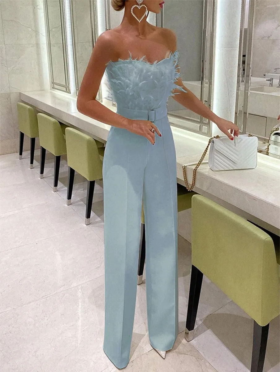 Elegant Feathers Off Shoulder Jumpsuit Women Backless Bodycon Rompers Sexy Solid Wide Leg Pantsuits Playsuit Overalls Clubwear