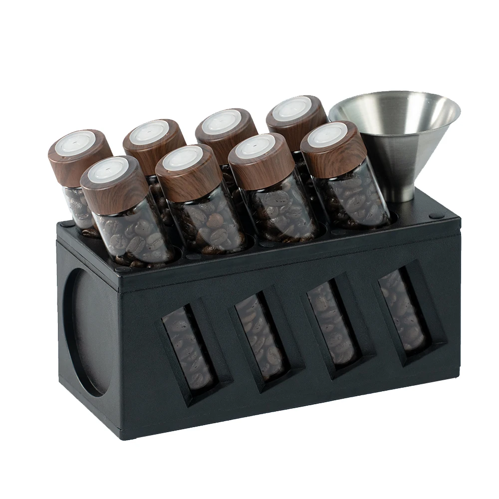 CAFEMASY Coffee Container Single Dose 8Pcs Glass Vials Coffee Bean Storage Tubes with Display Stand Metal Funnel Barista Tool
