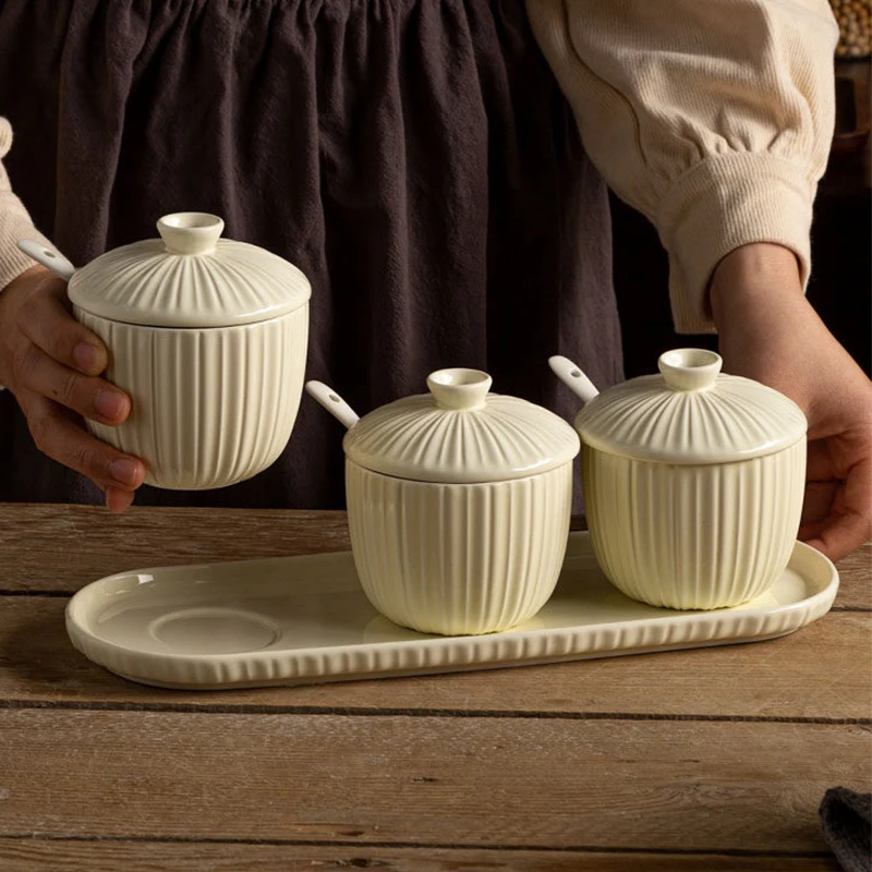 Ceramic Seasoning Jar with Lid & Spoon Vertical Stripes Cream 250ml Seasoning Pot Underglaze Color Storage Container for Kitchen