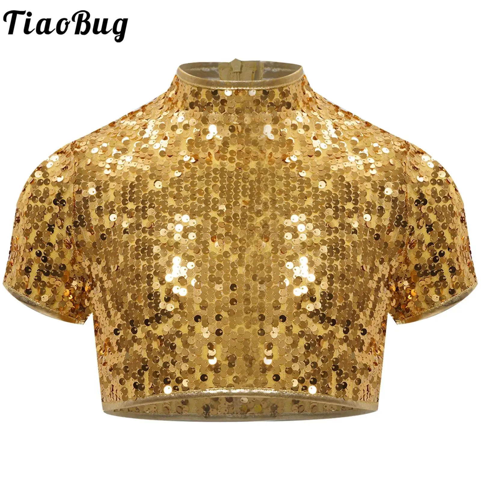 Kids Girls Cheerleading Jazz Dance Performance Costume Mock Neck Short Sleeve Sparkly Sequins Crop Top Shirts for Carnival Party