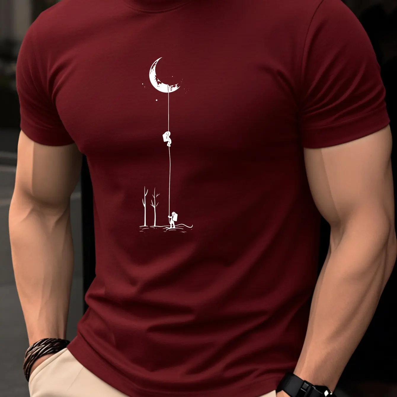 Men Red O-Neck T-Shirt Moon Climber Print, Casual Short Sleeve Cotton Tee, Astronaut Adventure Streetwear Slim Fit Tops For Men