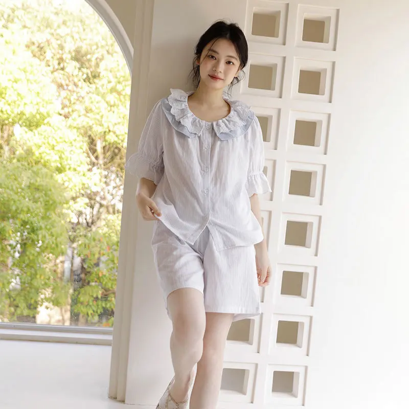 Women's 100% Cotton Double-layer Gauze Pajama Set, Ruffled Peter Pan Collar Striped Short Sleeve Top & Shorts Summer Loungewear