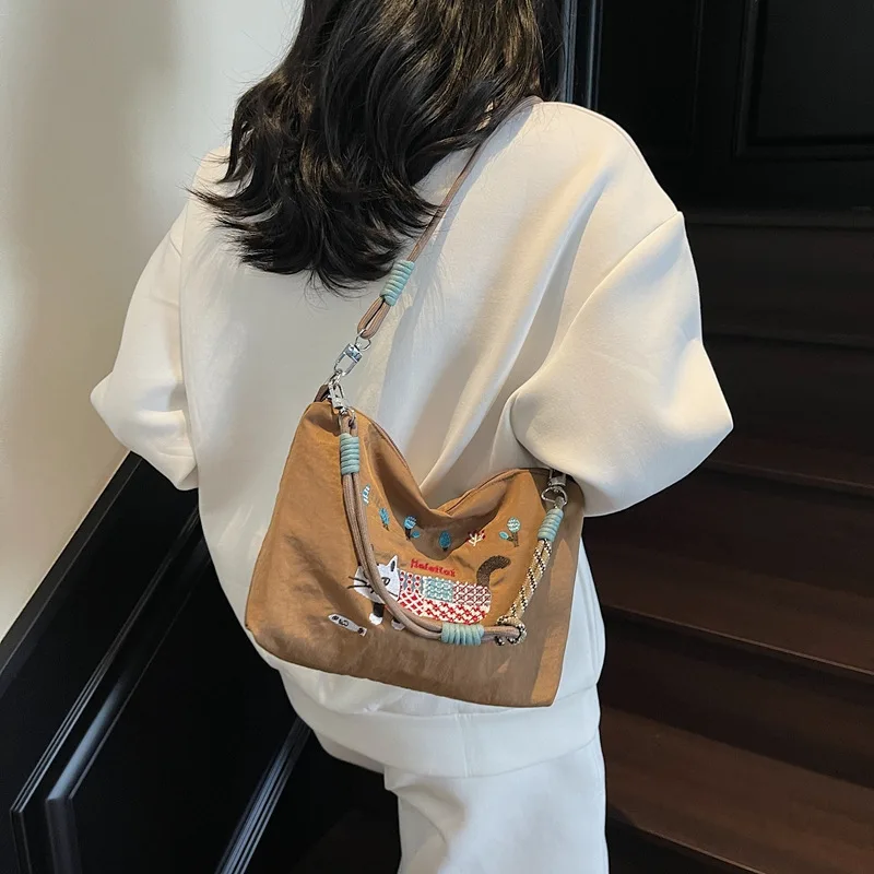 

2025 Large Cat Embroidered Tote Bag - Waterproof Nylon Shoulder Bag for Women, Cute Cartoon Crossbody Purse & Shopping Bag