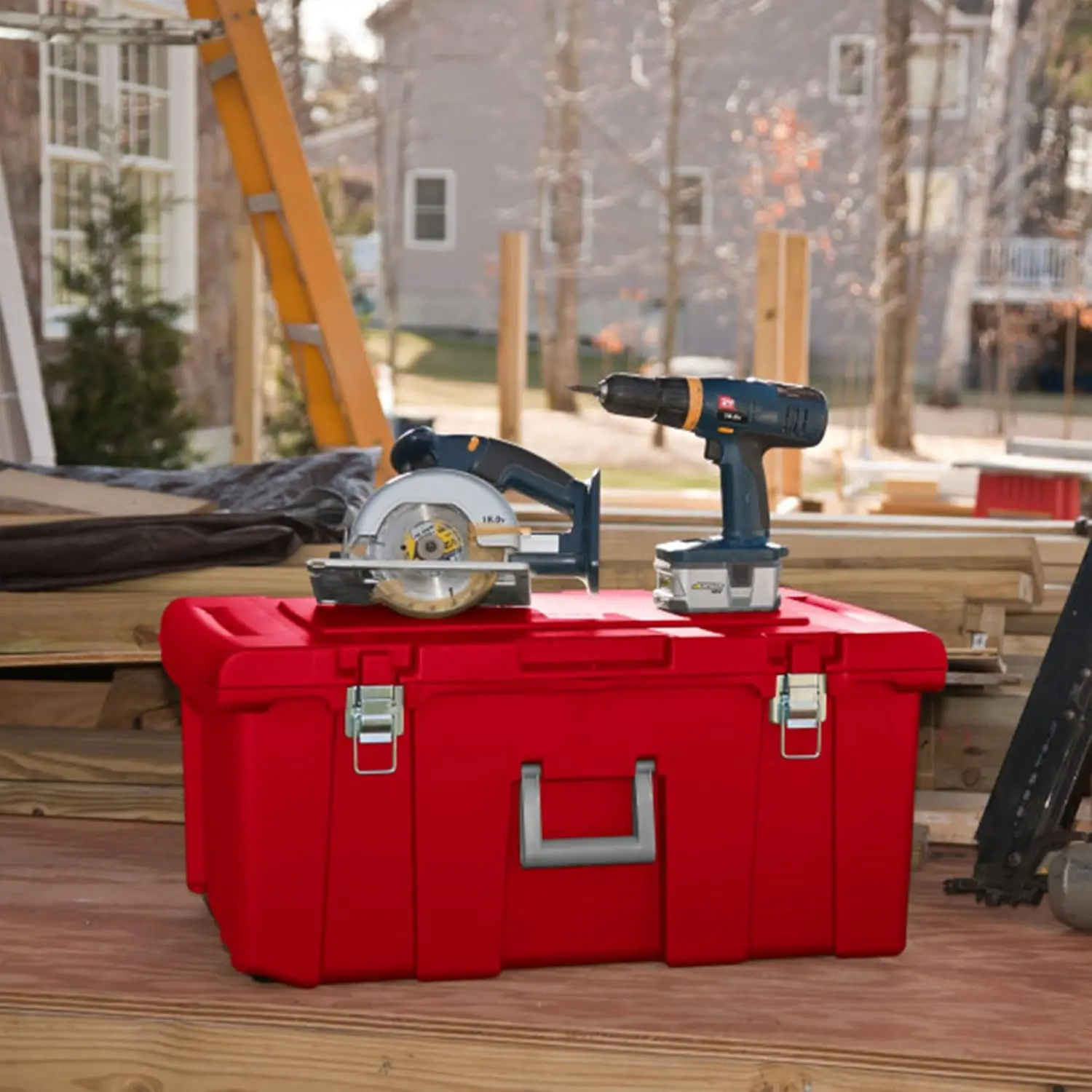Wheeled Footlocker, Plastic Utility Lockable Storage Container With Handle, Red