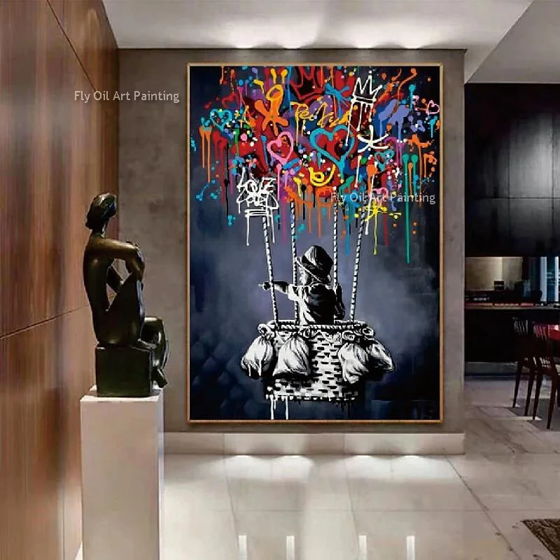 Abstract Black Artwork Boy Is Sitting In A Hot Air Balloon Canvas Oil Painting Colorful Graffiti Ballon Wall Art Decor For Room