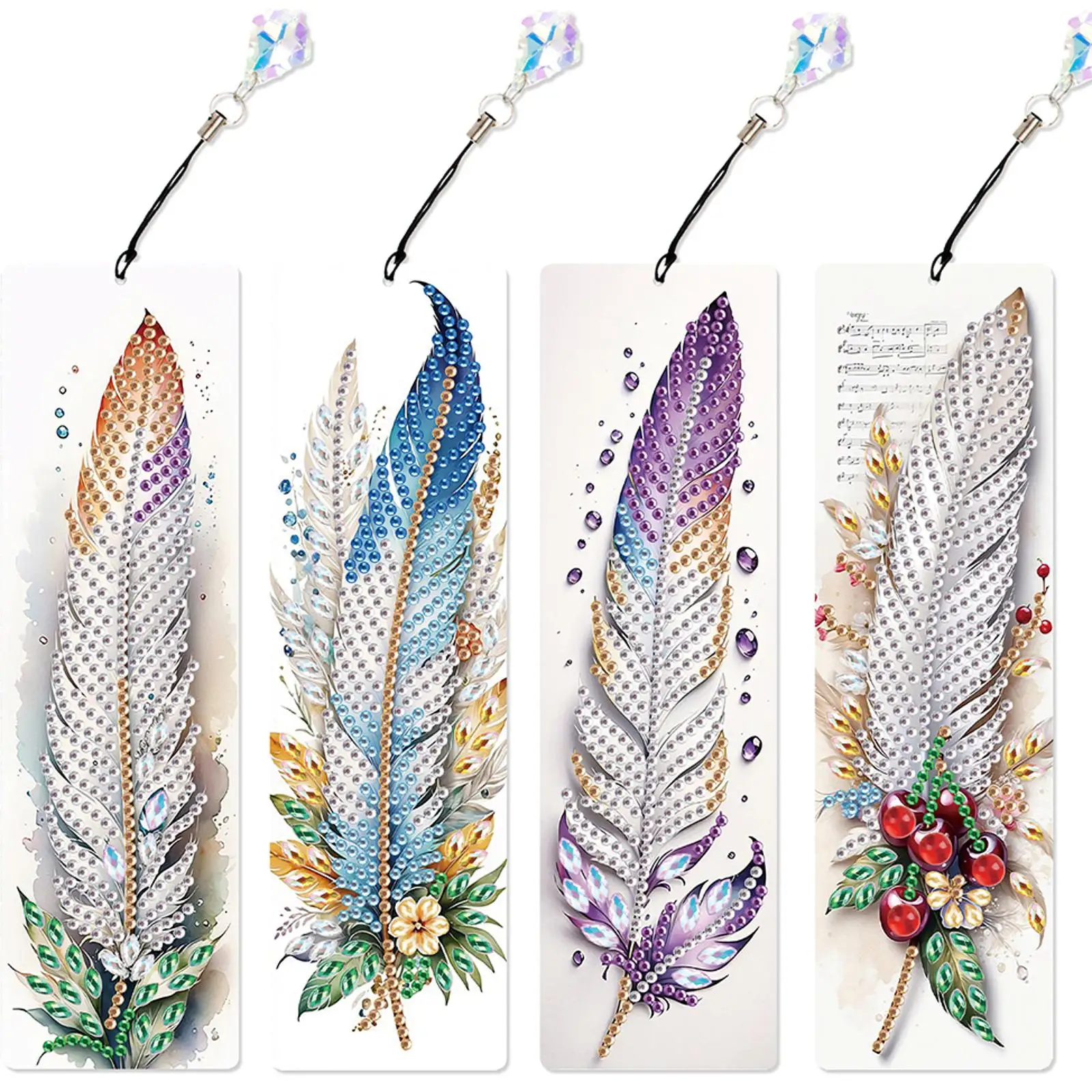 

Набор из 4 закладок для книг с алмазной мозаикой: узоры из перьев, нерегулярная форма, алмазная живопись, для любителей чтения