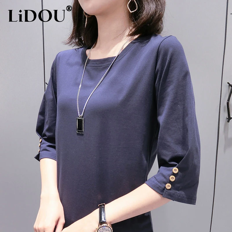 

Spring Summer O Neck Simple Cotton Loose Casual Pullover Top Women Solid 3/4 Sleeve Buttons All Match T-shirt Female Tee Clothes