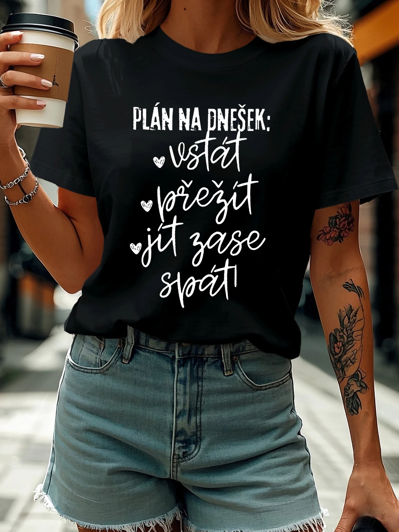 

PLÁN NA DNĚŠEK: vstát ležít jít zase spát Letter Print Women's T-shirt, Short Sleeve Crew Neck Casual Top For Summer & Spring