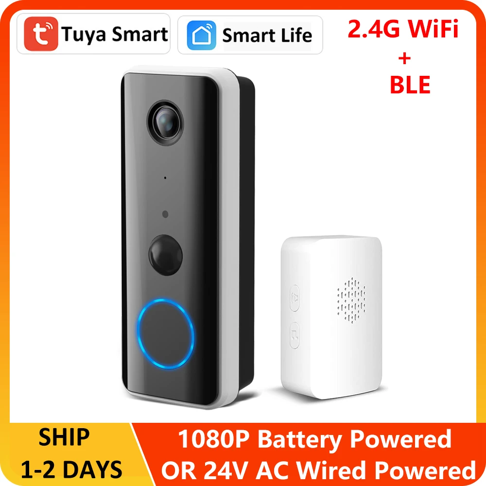 Tuya Smart 1080P 5200mAh Battery 24V AC Wired 145° Bluetooth Link Outdoor Leave Message Alexa Google WiFi Video Doorbell Camera