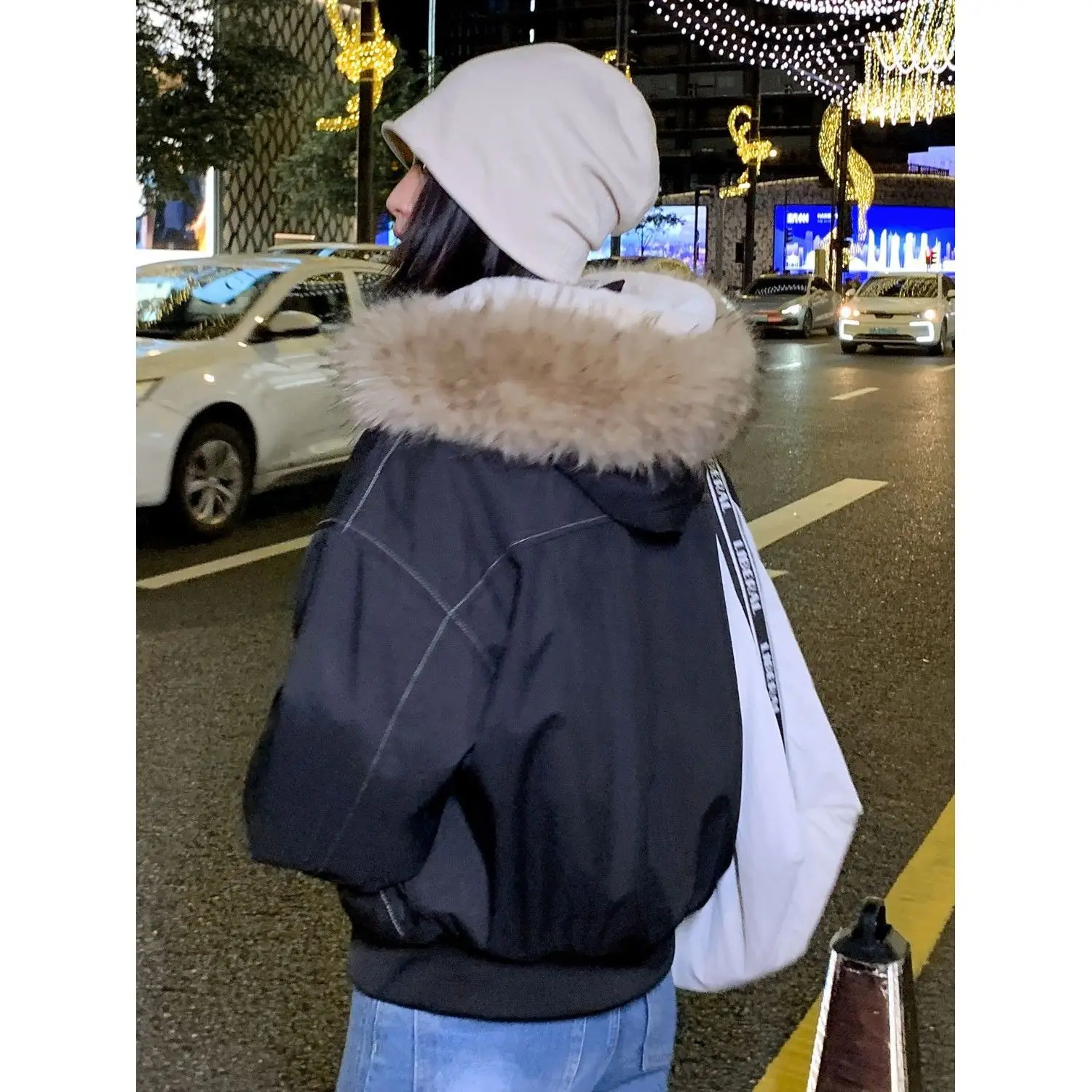 パーカーフェイクファー襟フードルーズコート女性 Y2k 厚いファッションパーカーカジュアルトップス上着パッド入りジャケット冬の新しい服