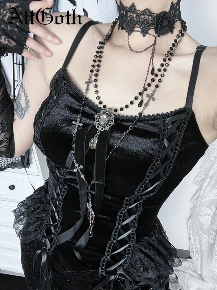 

AltGoth Aesthetic Hotsweet Velvet Camisole Women Mall Goth Fairycore Grunge Lace Patchwork Lace-up Crop Tank Top Y2k Rave Outfit