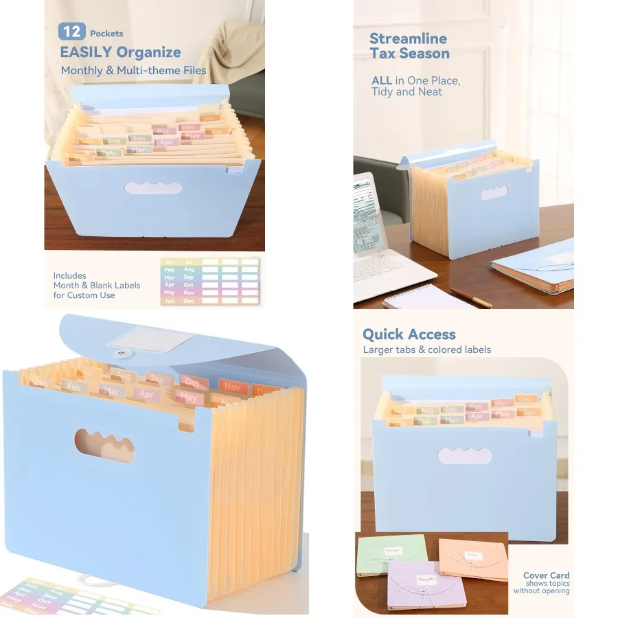 

Органайзер для файлов-аккордеона с 12 карманами для ежемесячных квитанций и ящиков. Расширяющиеся папки с большими яркими язычками для Eas.