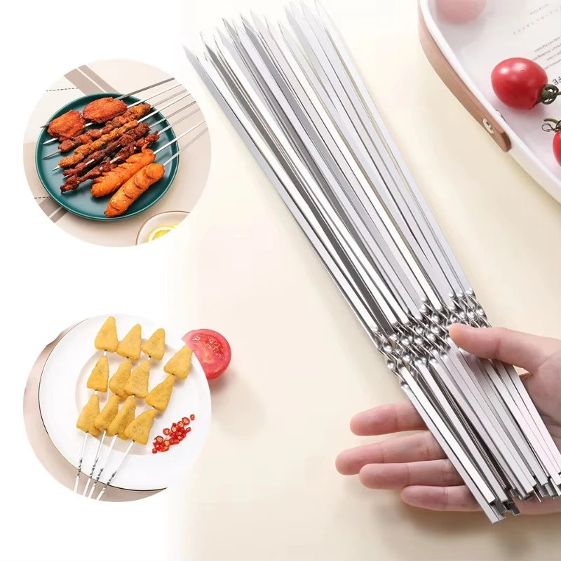 20-60Pcs Stainless Steel Barbecue Skewer Reusable BBQ Kebab Skewers  for Outdoor Camping Picnic Tools Cooking Tools