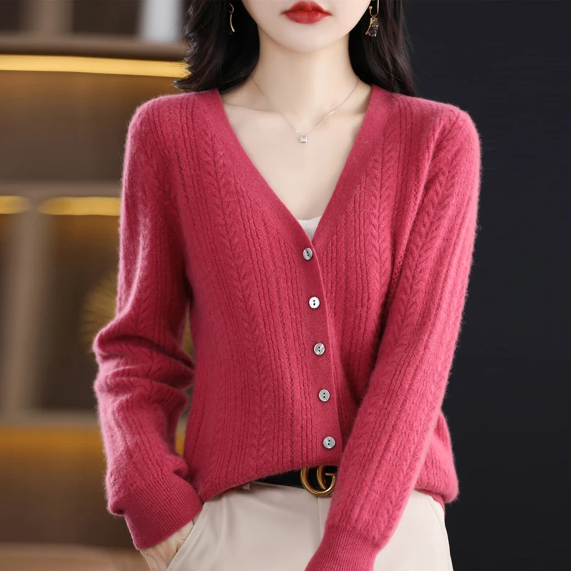 New Spring Autumn Pure Wool Cardigan Women's V-neck Merino Wool Knitted Jacket 2023 Korean  Westernized Pure Color Versatile Top