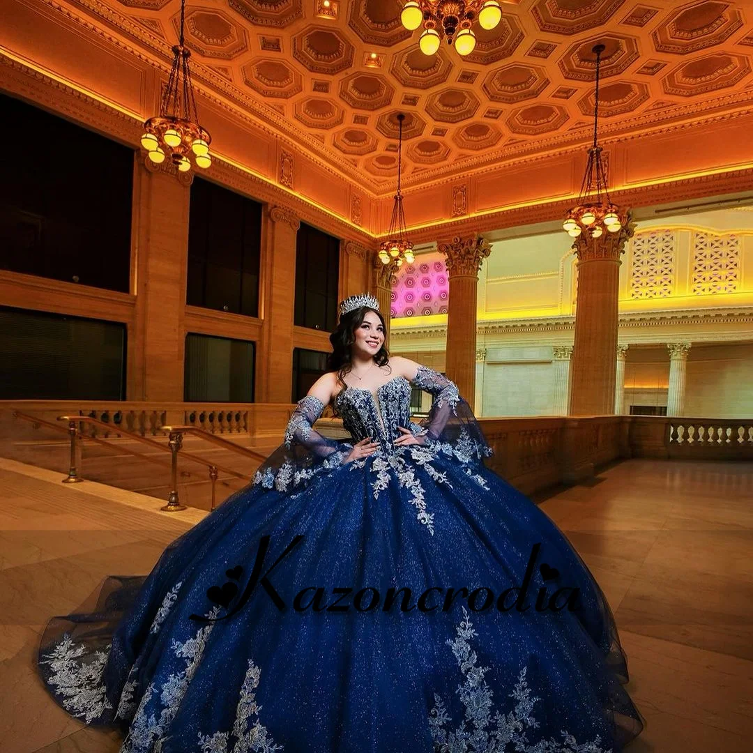 Kazon Modest Quinceanera Dresses with Appliques Flare Sleeves Strapless Royal Train Robe Princesse Bleu Femme Customized