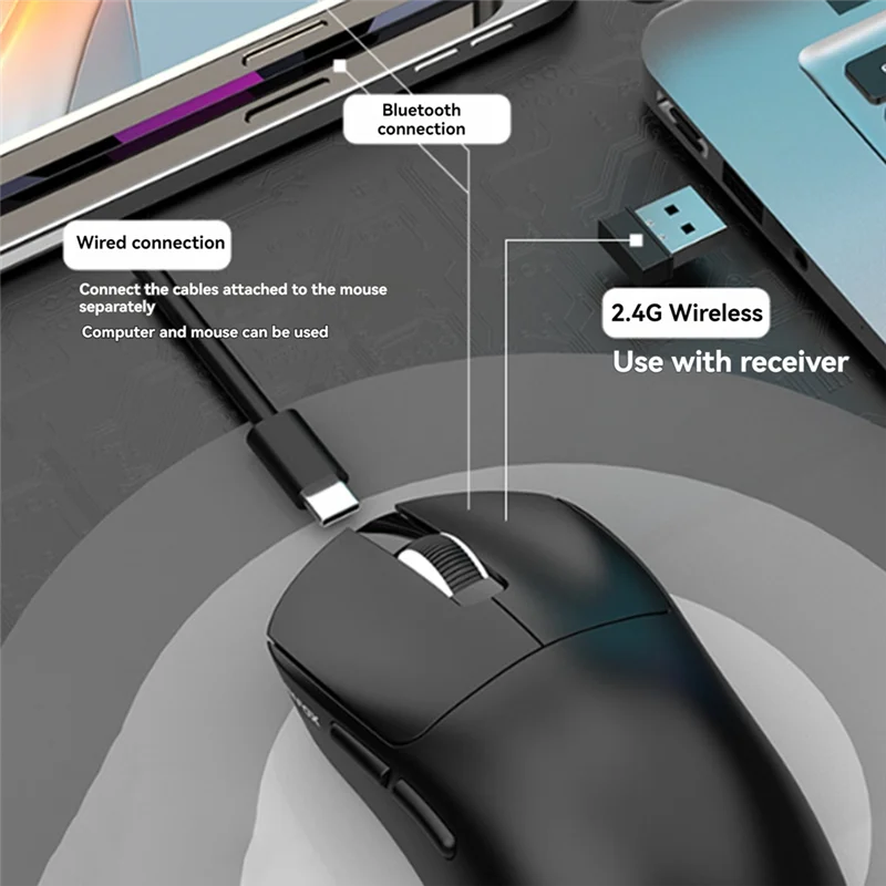 Efficient-Rechargeable Wireless Bluetooth Input Mouse Thin Macro 12000DPI  Encoder Gaming Mice 2.4G USB Optical Three Mode Black