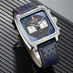 2024 Fashion Megir Top Brand Square Dial Chronograph Quartz For Men Blue Leather Casual Sport Wrist Watch With Date 24-hour 2182