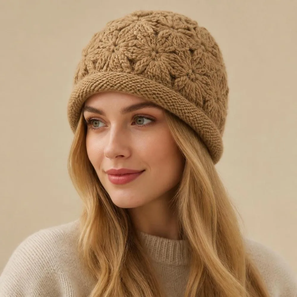 Warm Hollow Handmade Crochet Hat Double-Layer Thick Knit Thick Winter Hat 3D Flower Cold Weather Wear Rolled Edge Cap For Women