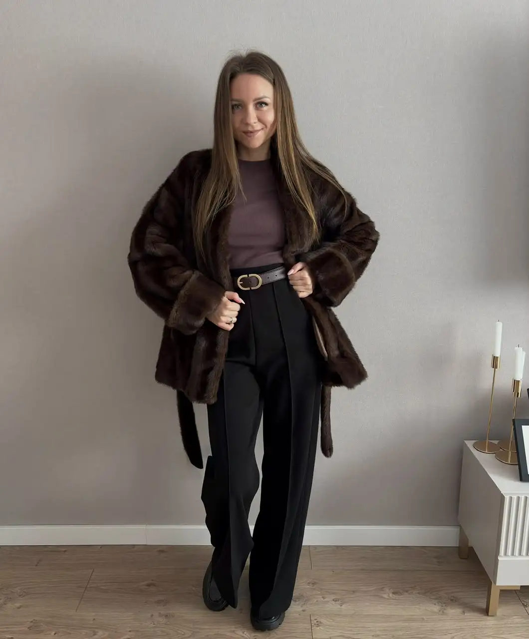 PUAL  Women V Neck Faux Mink Fur Coat 2026, Belted Waist Long Sleeve Plush Jacket, Elegant Warm Luxury Winter Outerwear