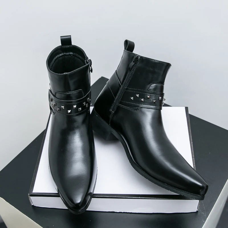 High Top Knight Boots Men PU Pointed Fashion Simple and Versatile Side Zipper Business Men Boots