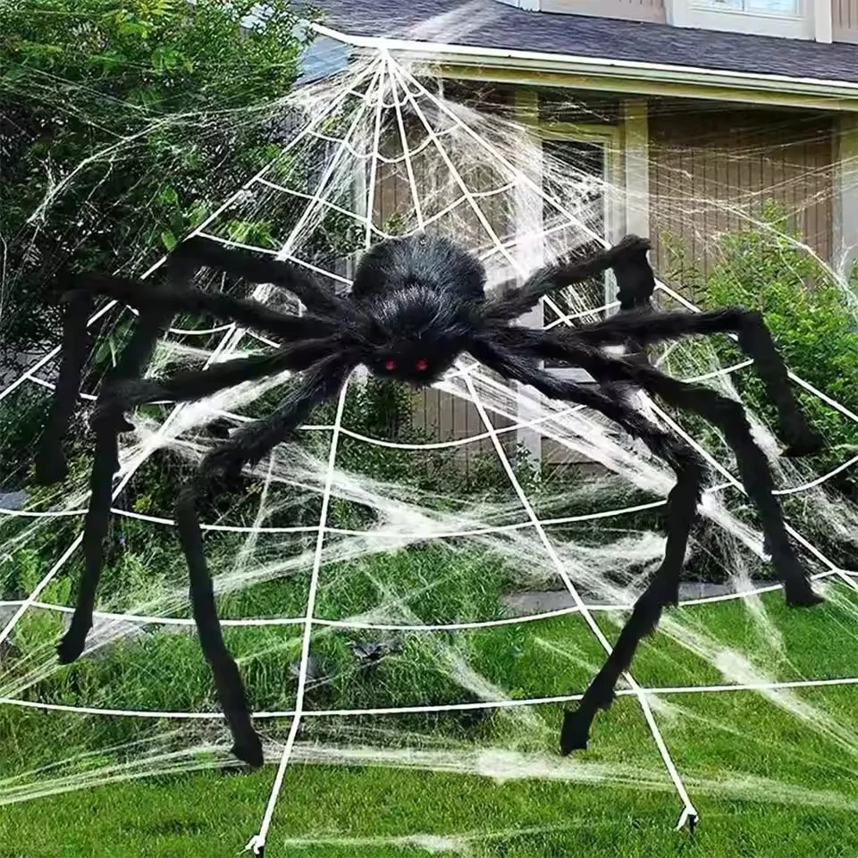 

Halloween Hairy Spider Scary Large Spider with White Cotton Web 30-200cm Fake Black Big Spider For Halloween Party Decorations