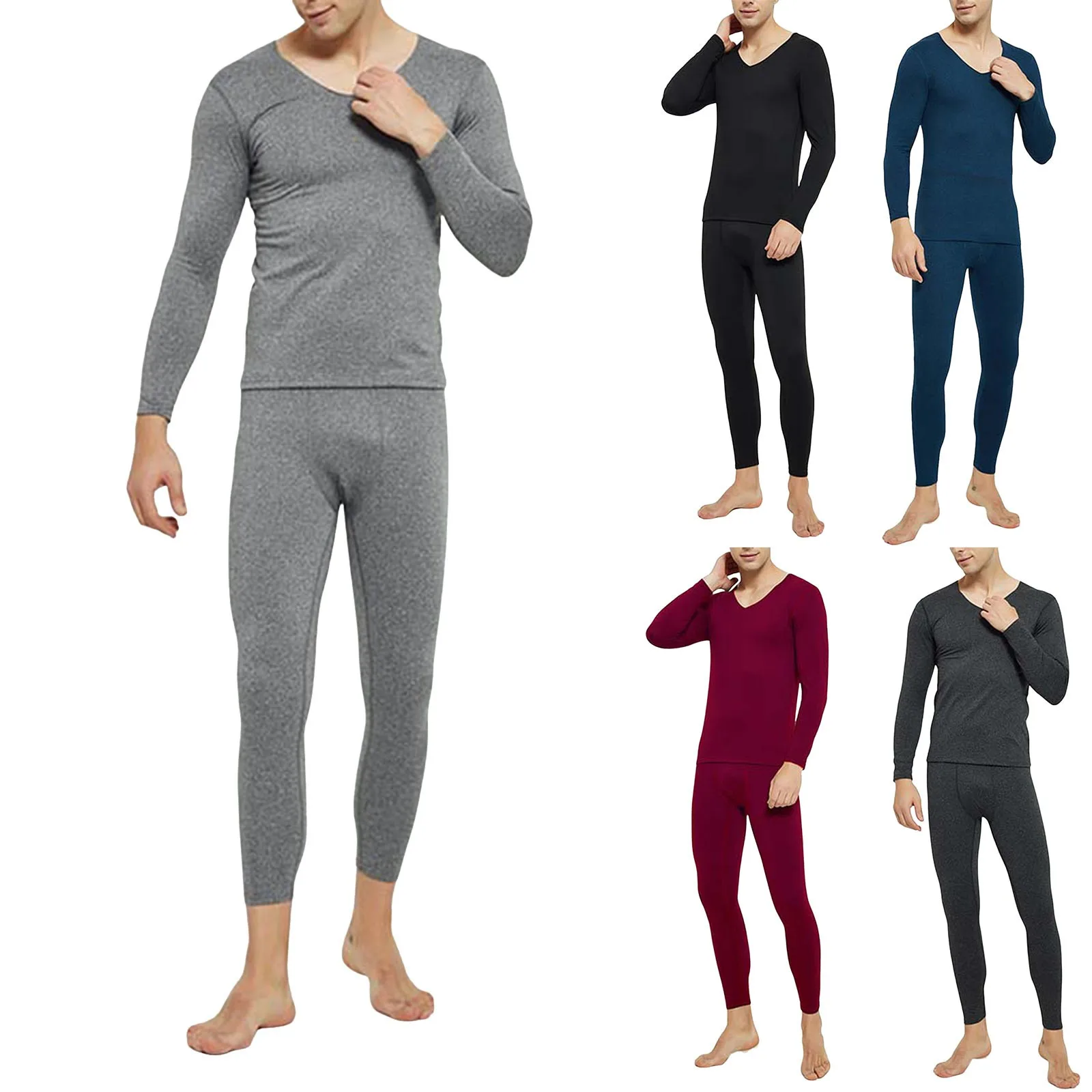 Mens Round Neck Pure Cotton Thermal Underwear Set Thin Autumn Clothes And Pants Bottoming Shirt solid color  Mens Pajamas Set