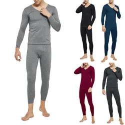 Mens Round Neck Pure Cotton Thermal Underwear Set Thin Autumn Clothes And Pants Bottoming Shirt solid color  Mens Pajamas Set