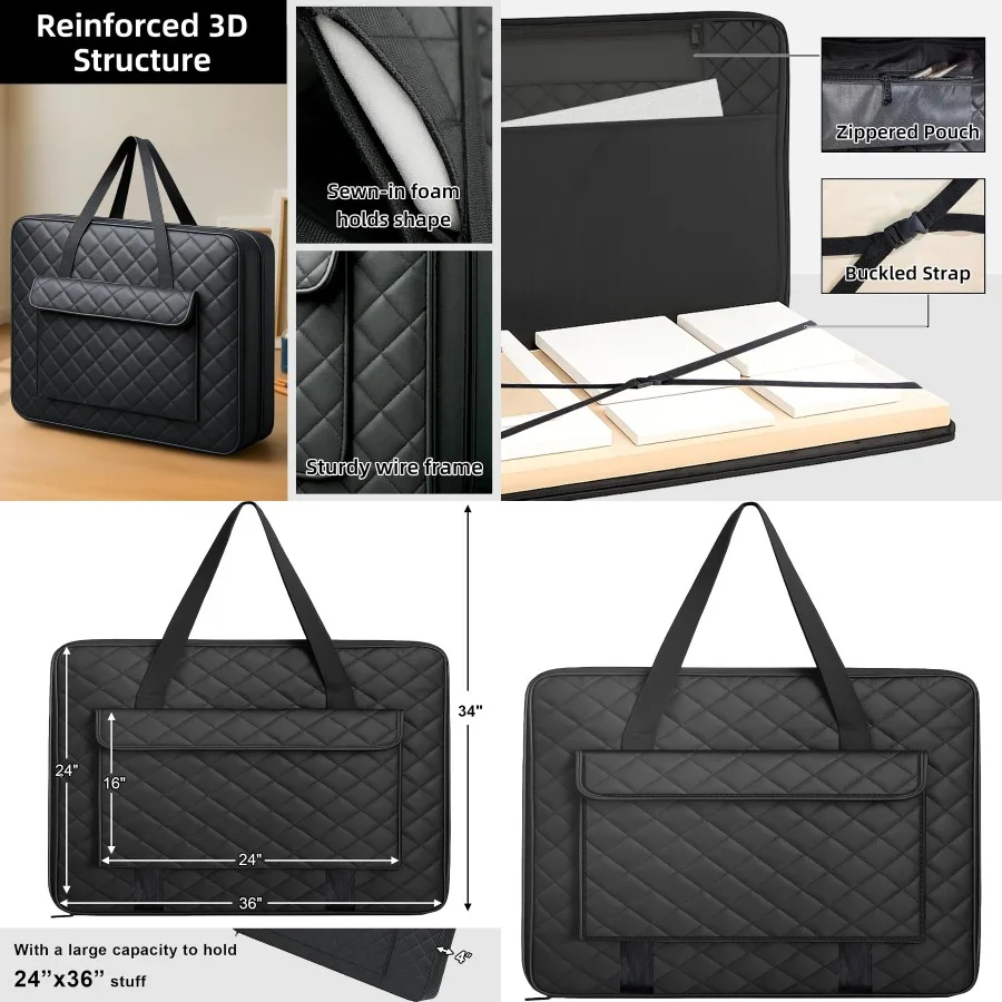 JJRING 24x36 حقيبة محفظة اللحف خفيفة الوزن سوداء الفن قماش محفظة لتخزين الملصقات المحمولة الرسم الفني