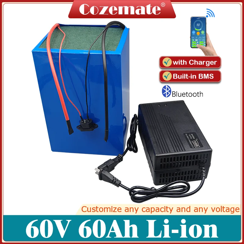 

60V 60Ah Lithium Ion Batery Pack BMS for 6000W 3500W Electric Quadricycle Hybrid Car 2-Wheeler 3-Wheeler Vehicle +5A Charger