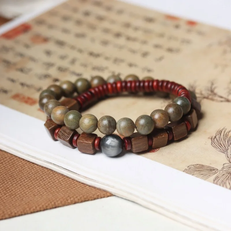 

Green Sandalwood Ethnic Double Circle Bracelet Wooden Bead Jewelry Buddhist Ornament Forest Style Cultural Accessory for M