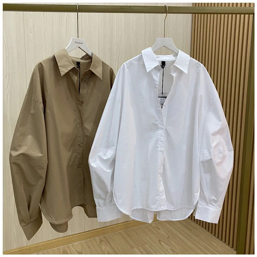 

Модная простая однотонная женская рубашка на раннюю весну 2026 года, повседневная свободная рубашка на пуговицах с длинным рукавом, хлопковая верхняя одежда