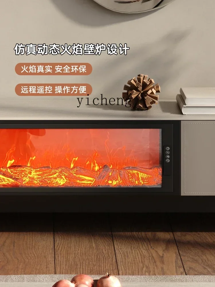 b9.21-Luxury Style TV Cabinet and Tea Table High-Grade Cave Stone Stone Plate Curio Cabinet 3D Flame Living Room Saddle Leather