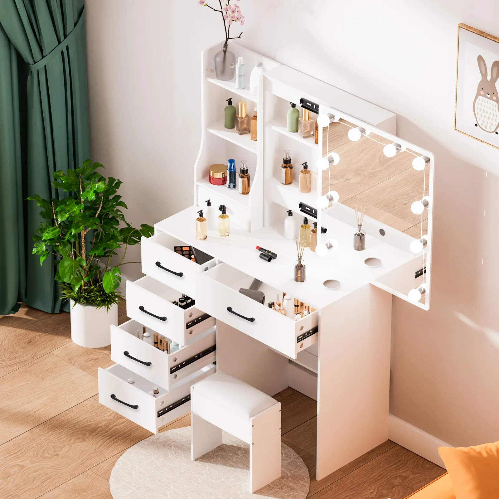 LED Lighted Mirror Vanity Table Set, White Makeup Dressing Desk with 6 Drawers Storage and Padded Stool, Bedroom Cosmetic Furniture