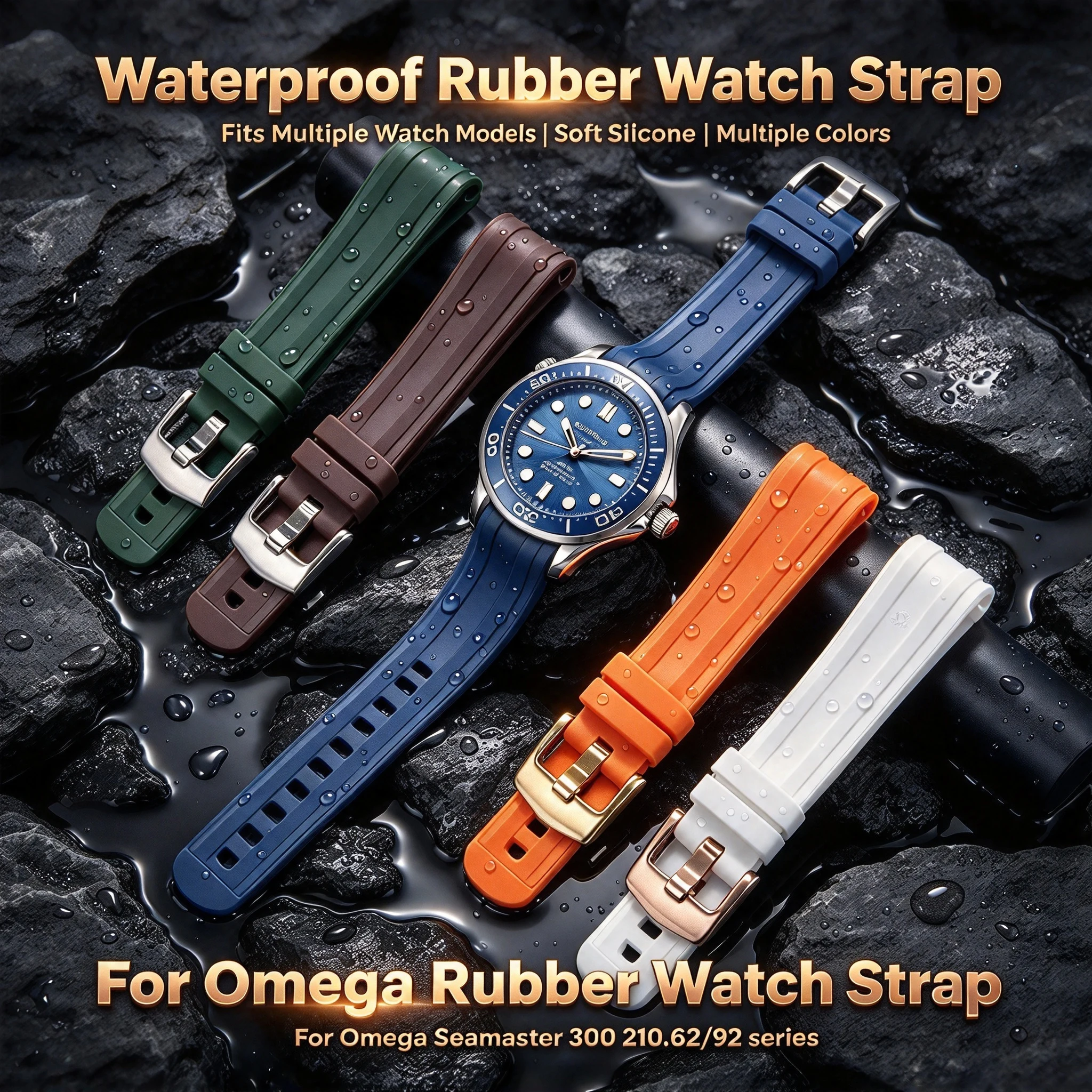 20mm 21mm Curved‑End FKM Fluororubber Watch Strap Diving Band For Omega Seamaster 300 210.62/92 Men Sport Watch Accessories