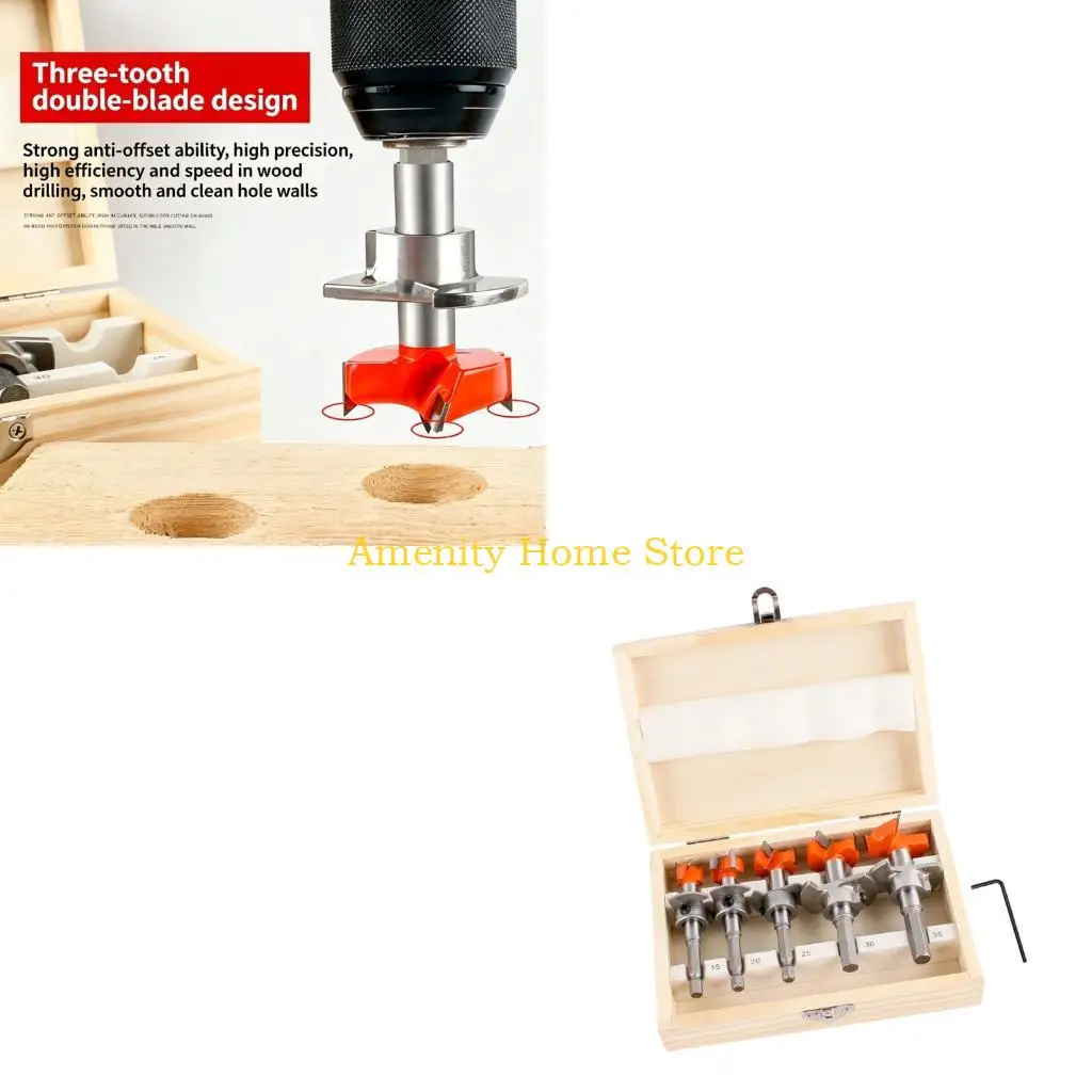 F26C 5 Size Cabinet Door Drill Bit Set with Adjustable Depth Control Hole Cutter