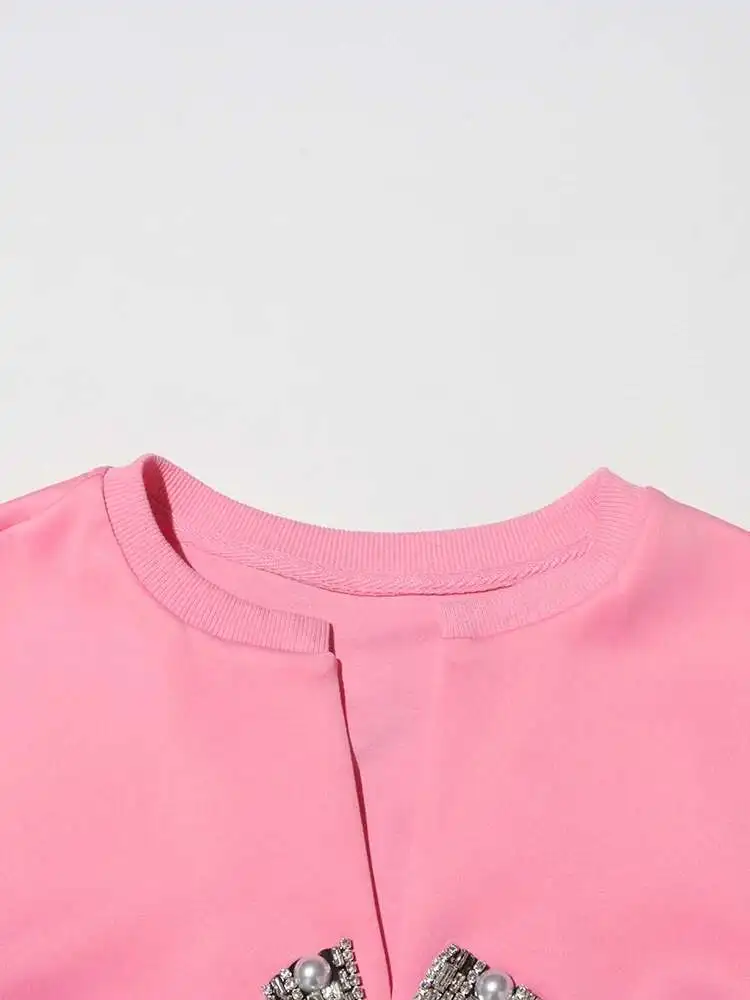 الوردي الصلبة مزاجه تقسم الماس المحاصيل الأعلى للنساء الجولة الرقبة قصيرة الأكمام المرقعة اللؤلؤ شيك تي شيرت الإناث P1LA #5